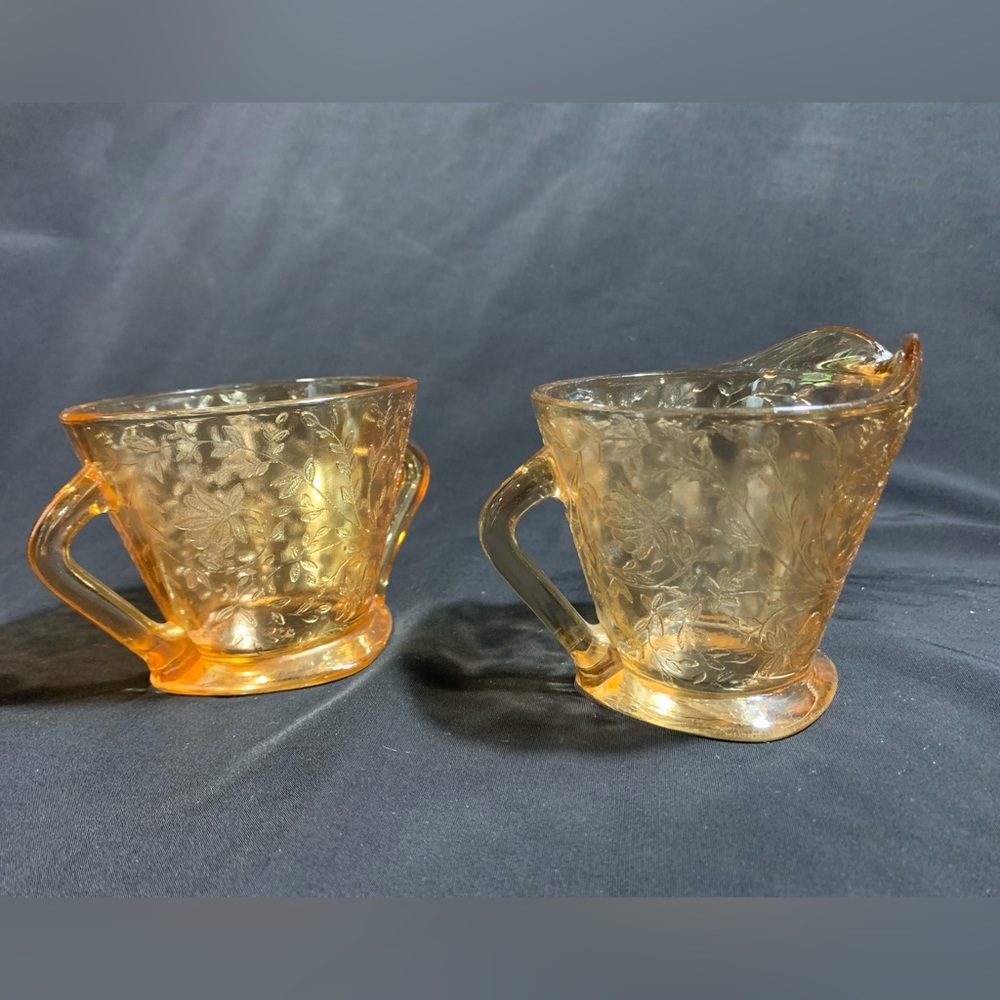 Jeannette Glass Floragold Louisa Sugar Bowl & Creamer Set 1950's Vintage